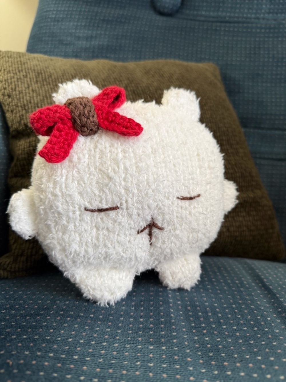 Plush White Fluffy Bear with Red Bow